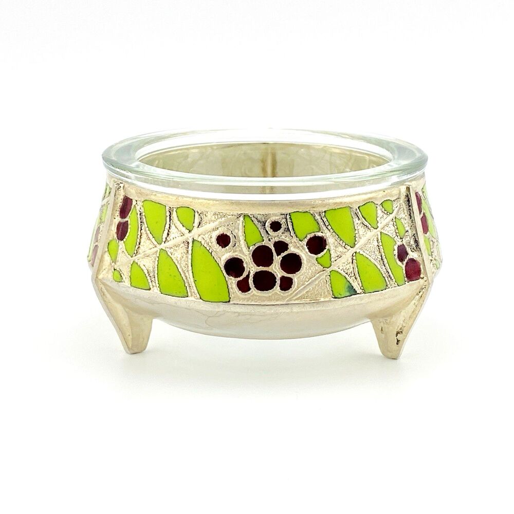 Russian Silver Plate Enamel Salt Cellar Tea Candle Holder Glass Liner 1970s